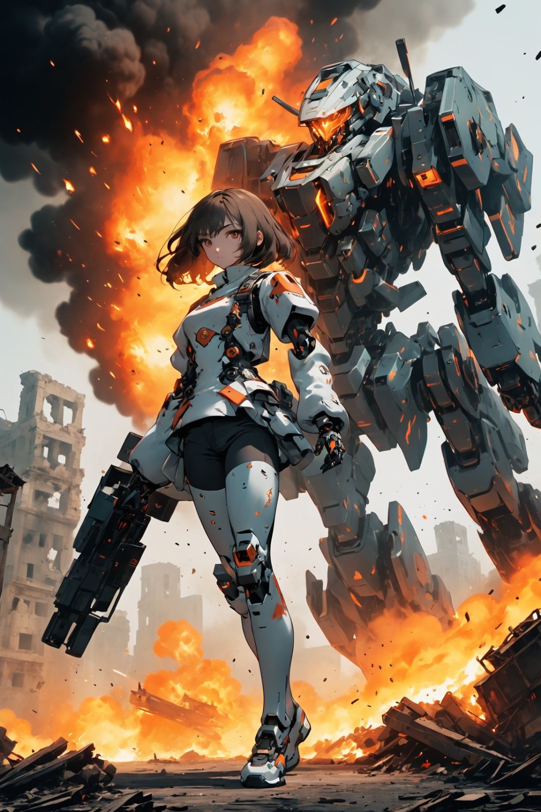 1girl,Mecha,War, ruins, smoke, explosions, flames,