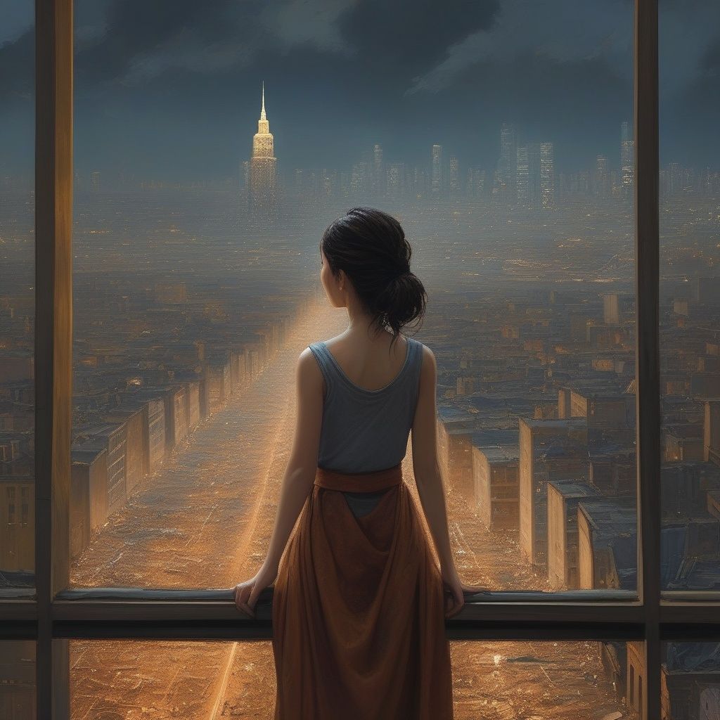 (best quality) (masterpiece), (highly detailed), The girl in the cityscape is a symbol of beauty and strength in the face of adversity, a testament to the power of the human spirit to persevere amidst the tumult of a busy city. Her presence is a reminder that even in the midst of chaos, we can find moments of stillness and reflection that help us to stay centered and focused. <lora:zyny:0.7>