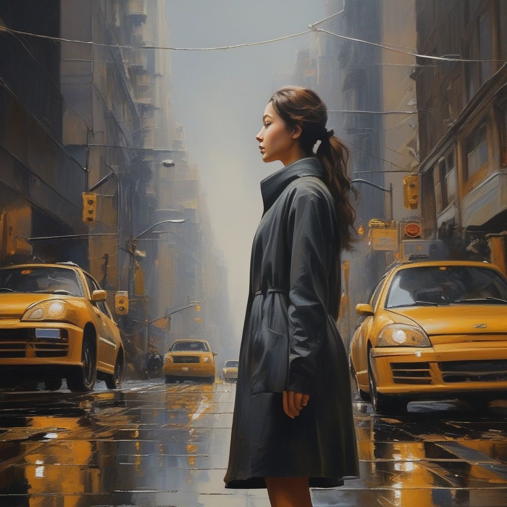 (best quality) (masterpiece), (highly detailed), The girl in the cityscape is a symbol of beauty and strength in the face of adversity, a testament to the power of the human spirit to persevere amidst the tumult of a busy city. Her presence is a reminder that even in the midst of chaos, we can find moments of stillness and reflection that help us to stay centered and focused. <lora:zyny:0.7>