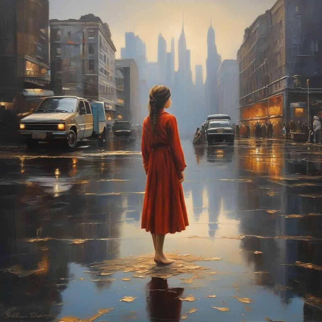 (best quality) (masterpiece), (highly detailed), The girl in the cityscape is a symbol of beauty and strength in the face of adversity, a testament to the power of the human spirit to persevere amidst the tumult of a busy city. Her presence is a reminder that even in the midst of chaos, we can find moments of stillness and reflection that help us to stay centered and focused. <lora:zyny:0.7>