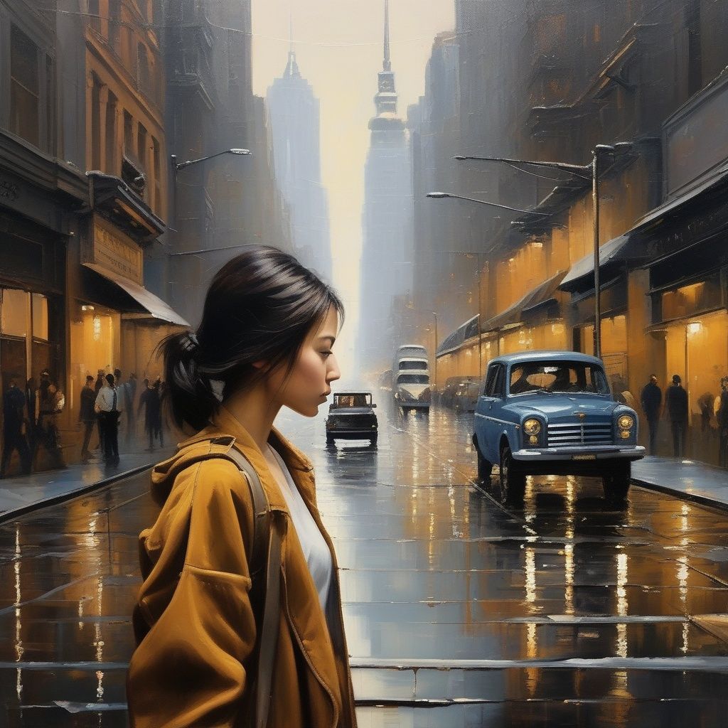 (best quality) (masterpiece), (highly detailed), The girl in the cityscape is a symbol of beauty and strength in the face of adversity, a testament to the power of the human spirit to persevere amidst the tumult of a busy city. Her presence is a reminder that even in the midst of chaos, we can find moments of stillness and reflection that help us to stay centered and focused. <lora:zyny:0.7>