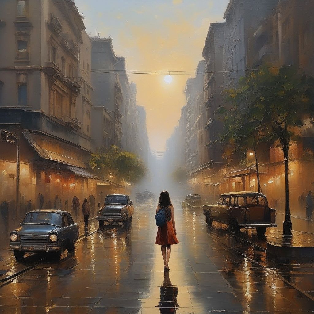 (best quality) (masterpiece), (highly detailed), The girl in the cityscape is a symbol of beauty and strength in the face of adversity, a testament to the power of the human spirit to persevere amidst the tumult of a busy city. Her presence is a reminder that even in the midst of chaos, we can find moments of stillness and reflection that help us to stay centered and focused. <lora:zyny:0.7>