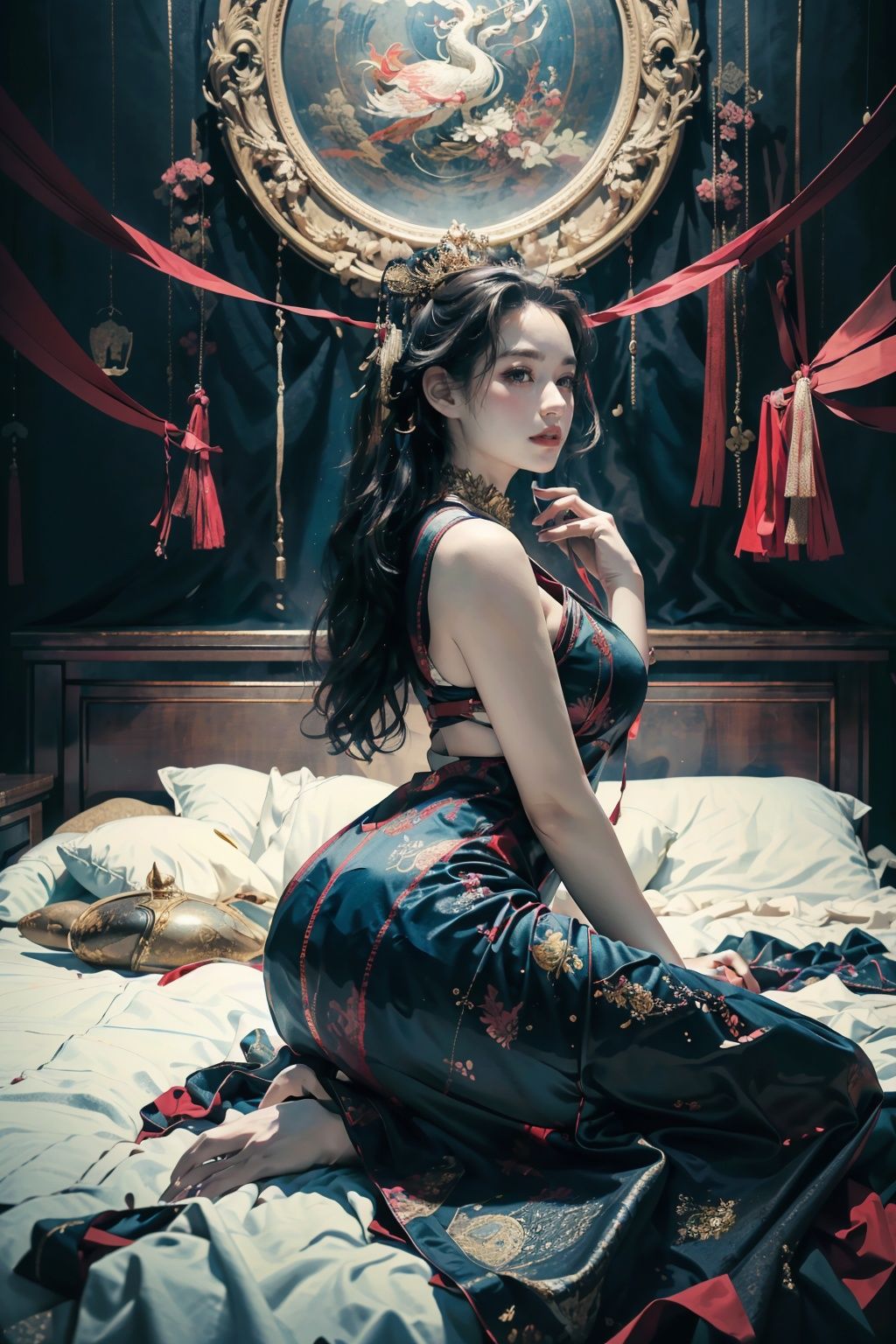 "Masterpiece, Best Quality, 1 Female (Newspaper Background), Black Hair, Flowing Hair, Rosy Cheeks, Gazing at the Audience, Glossy Leather Oversized Outfit, Delighted, (Side View), Full Body, (Lying on a Bed:1), (Studio Lighting), Soft Lighting, Dark Style, Night Style, (Nude: 1.3), (Bare Chest: 0.65), (Nipples: 0.85), (Masterpiece, Top Quality, Official Art, Beauty and Aesthetics: 1.2), (1 Female: 1.4), Extremely Detailed, (Inspired by Joshua Middleton Comic Cover Art: 1.1), (Action Painting: 1.3), (Concretism: 1.2), Theater Stage, (Hypermaximalistic: 1.5), Colorful, Highest Detail, Huliya, Chinese Art, Real Dragon, Underwater, Elegant Hands, Exquisite Manicure, Bathysaurus Dragon, Blue and Gold Dress.",shuixia,少女,纯欲