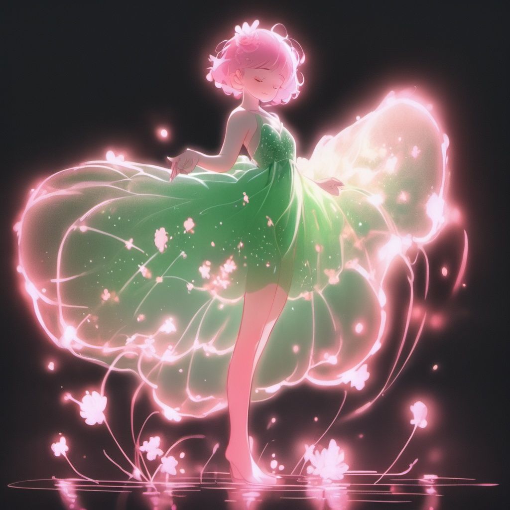 1girl, solo, closed eyes, dress, barefoot, black background, short hair, full body, flower, glowing, standing, pink hair, green dress, light particles <lora:heyexianzi:1>