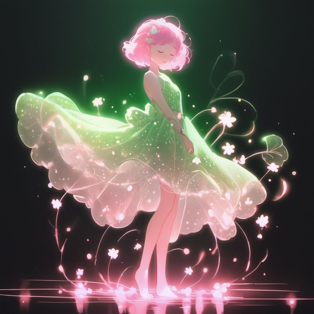 1girl, solo, closed eyes, dress, barefoot, black background, short hair, full body, flower, glowing, standing, pink hair, green dress, light particles <lora:heyexianzi:1>