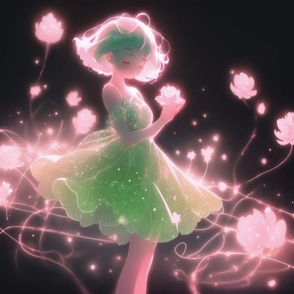 1girl, solo, closed eyes, dress, barefoot, black background, short hair, full body, flower, glowing, standing, pink hair, green dress, light particles <lora:heyexianzi:1>