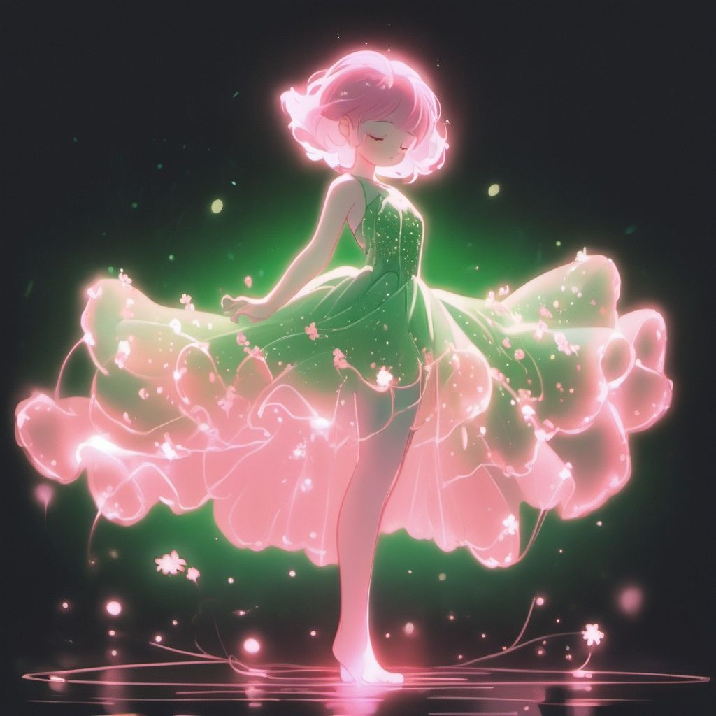 1girl, solo, closed eyes, dress, barefoot, black background, short hair, full body, flower, glowing, standing, pink hair, green dress, light particles <lora:heyexianzi:1>