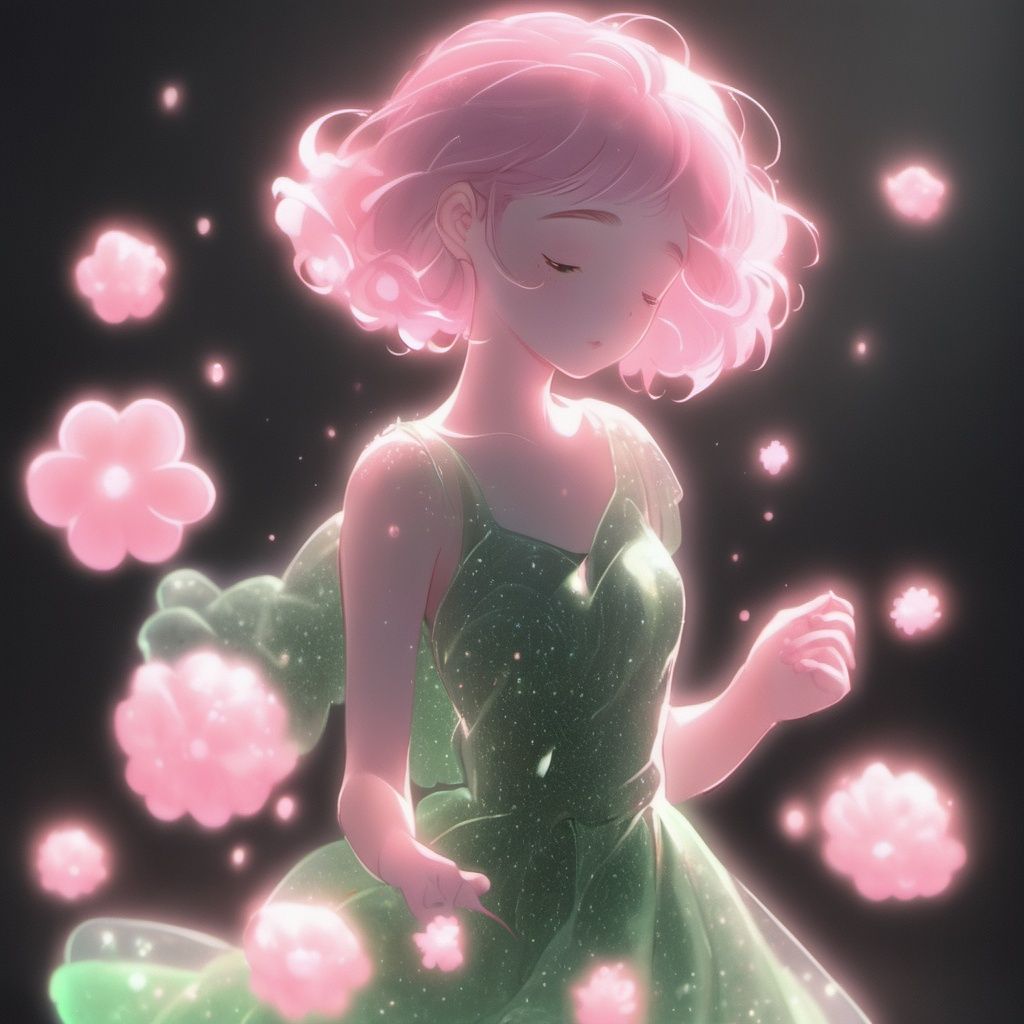 1girl,solo,closed eyes,dress,barefoot,black background,short hair,full body,flower,glowing,standing,pink hair,green dress,light particles <lora:heyexianzi:1>,transparent,