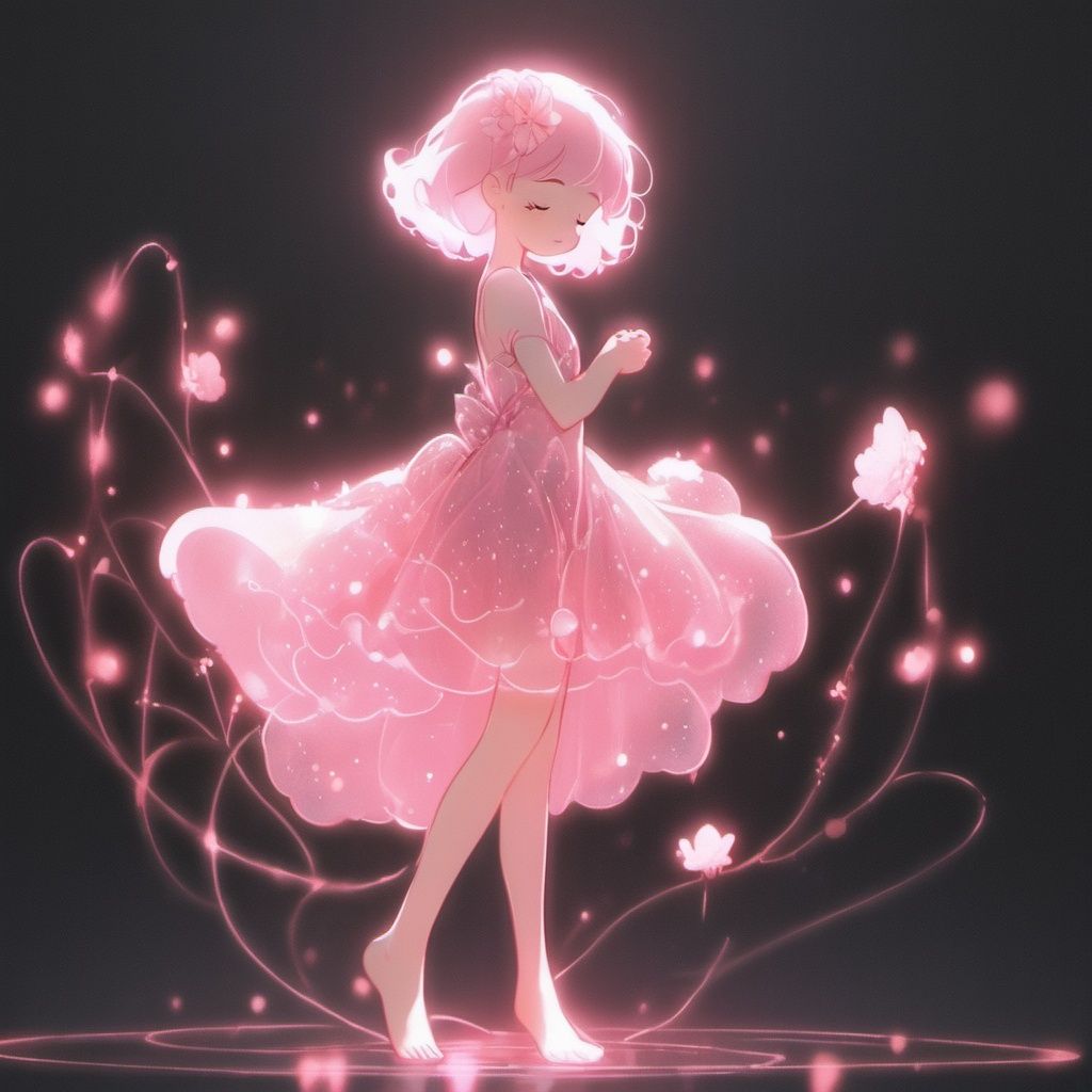 1girl,solo,closed eyes,dress,barefoot,black background,short hair,full body,flower,glowing,standing,pink hair,pink dress,light particles <lora:heyexianzi:1>,transparent,