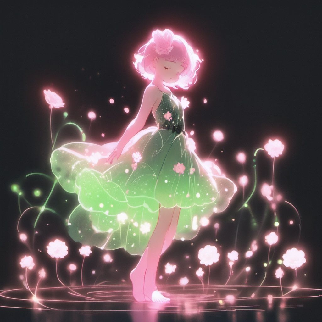 1girl, solo, closed eyes, dress, barefoot, black background, short hair, full body, flower, glowing, standing, pink hair, green dress, light particles <lora:heyexianzi:1>