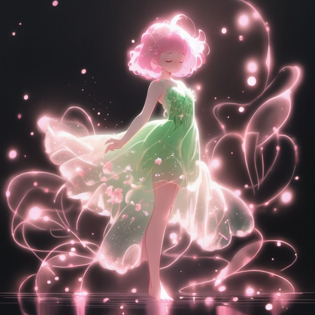 1girl,solo,closed eyes,dress,barefoot,black background,short hair,full body,flower,glowing,standing,pink hair,green dress,light particles <lora:heyexianzi:1>,transparent,