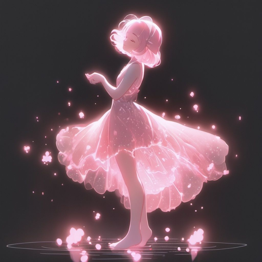 1girl,solo,closed eyes,dress,barefoot,black background,short hair,full body,flower,glowing,standing,pink hair,pink dress,light particles <lora:heyexianzi:1>,transparent,