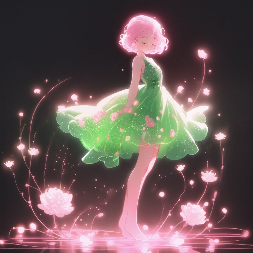 1girl, solo, closed eyes, dress, barefoot, black background, short hair, full body, flower, glowing, standing, pink hair, green dress, light particles <lora:heyexianzi:1>