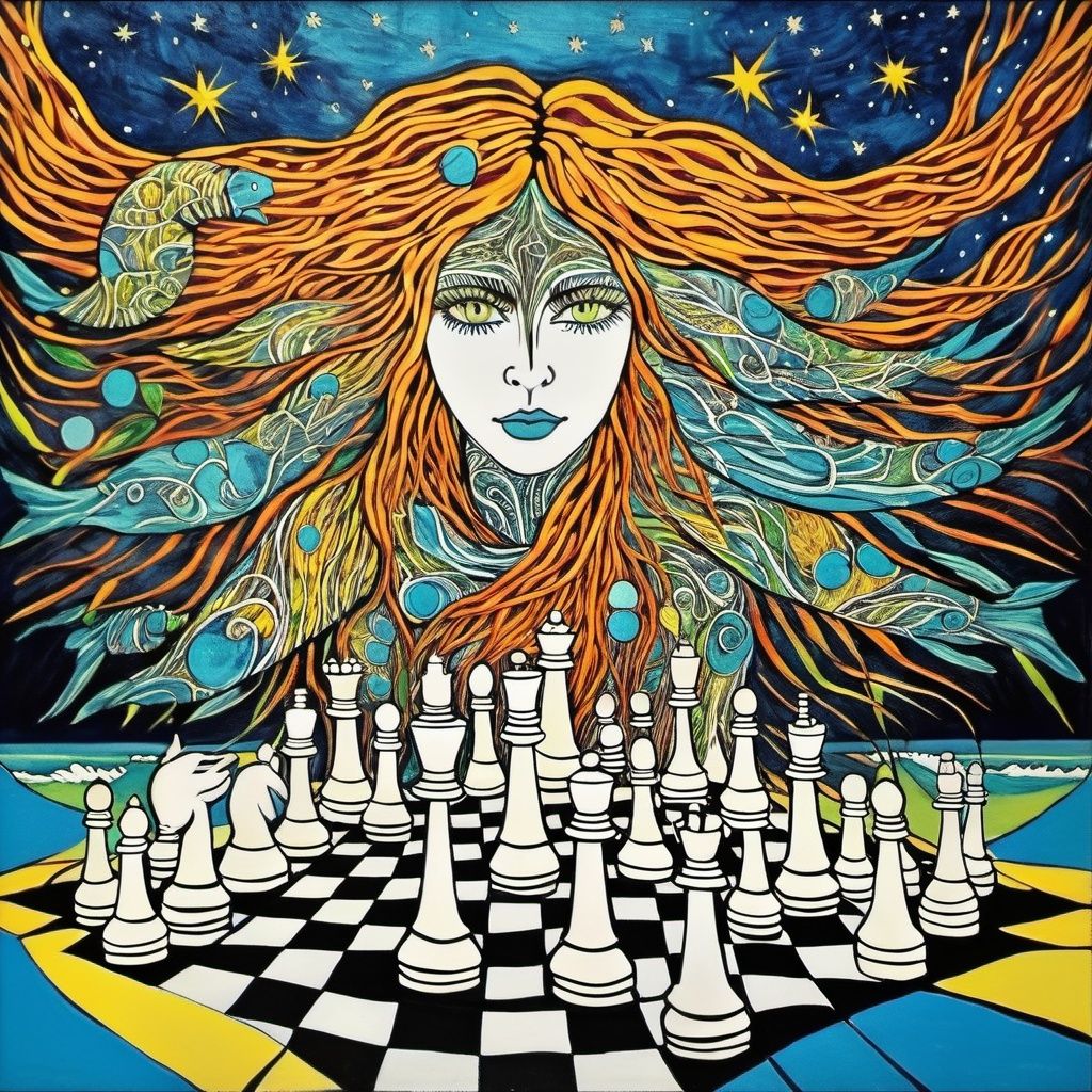 (Best_Quality:1.6),(Sharp:1.3),(UHD:1.2), Masterpiece,Award_Winning_Art,Best_Artist,Creative,A black chess player is playing against a god - like opponent, and the chessboard is full of black and white pieces, sweeping panorama, van gogh style, 16k, hyper quality,A colorful painting of the ocean with different colored liquids, in the style of psychedelic neon, melting pots, the stars art group( xing xing) , liquid emulsion printing, distorted figures, celestialpunk, multilayered dimensions  