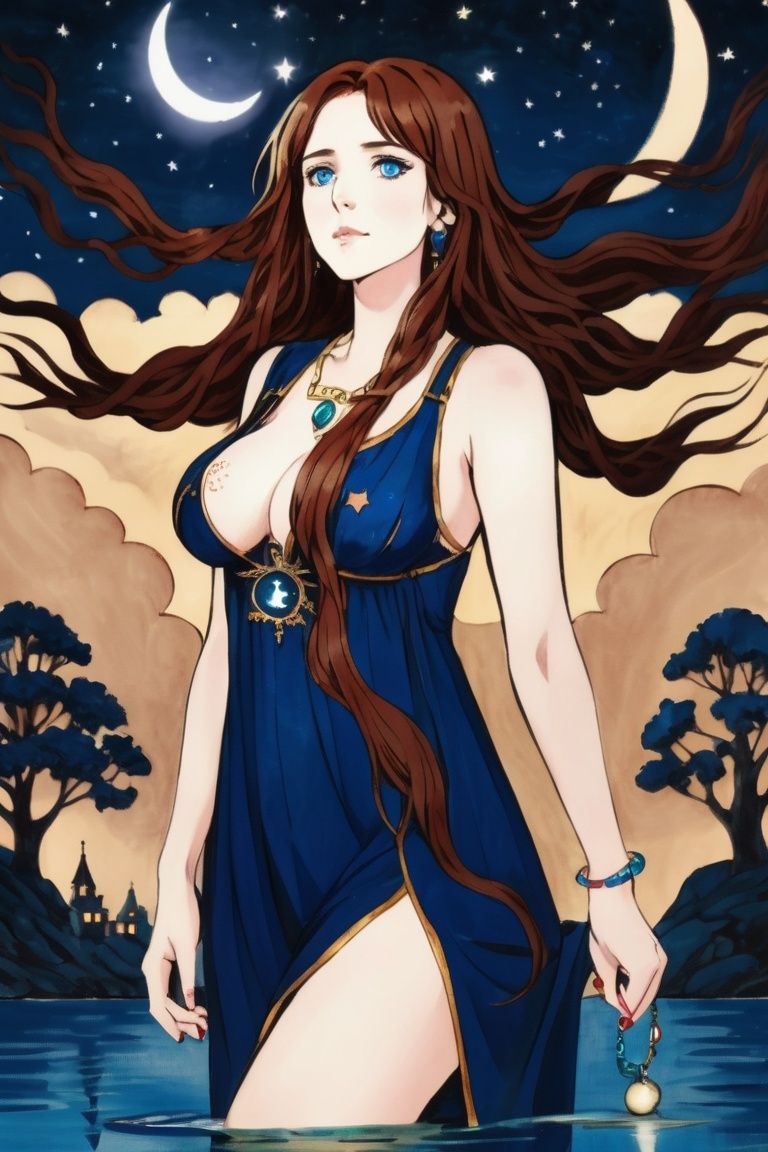 Tarot Card Style, 1girl, solo, long hair, breasts, open mouth, blue eyes, large breasts, brown hair, dress, cleavage, jewelry, earrings, sky, cloud, water, star (symbol), bracelet, tree, blood, night, moon, house, crescent moon, tarot,aw0k straightsylum