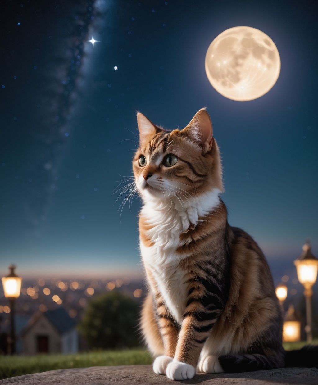 cinematic film still of Beneath the starlit canvas,  cats become embracers of awe,  embodying the wonder that the night sk...