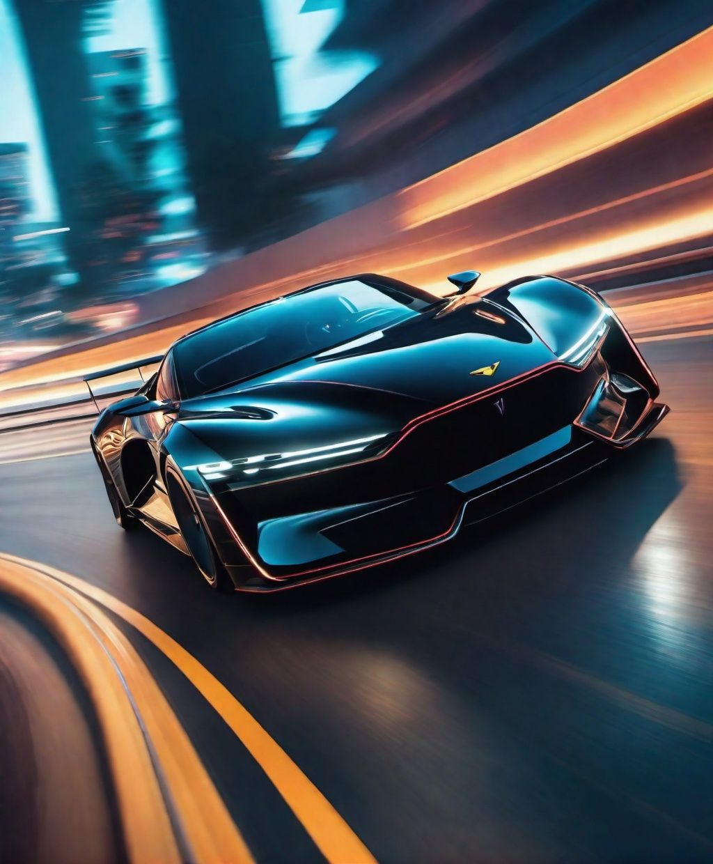A sleek black sports car speeding down a winding road,  beauty light,  cyberpunk on Tensor.Art