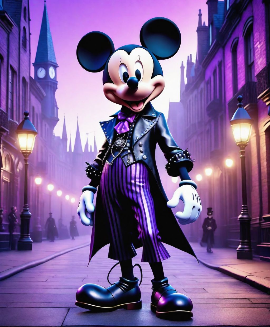 punk rock fusion of a villain Micky Mouse,  full body,  edwardian city on Tensor.Art