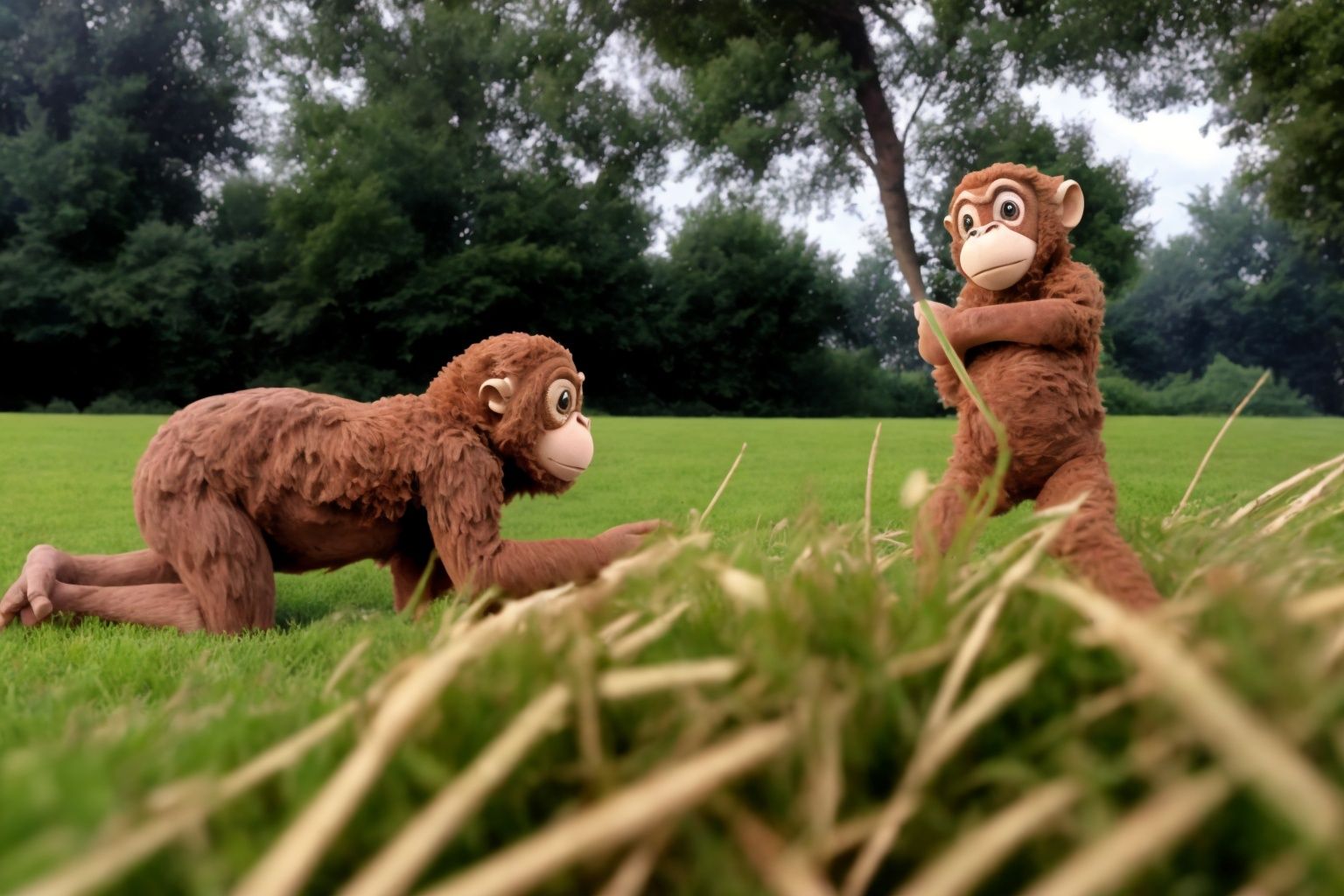 A monkey rides a horse. In a rural setting in front of tall trees and lush green grass. on Tensor.Art