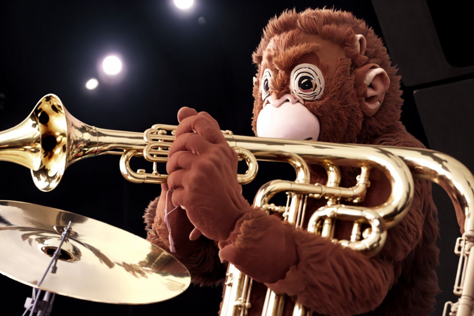 There are monkeys playing in a brass band. one plays tuba,  one trombone,  one trumpet on Tensor.Art