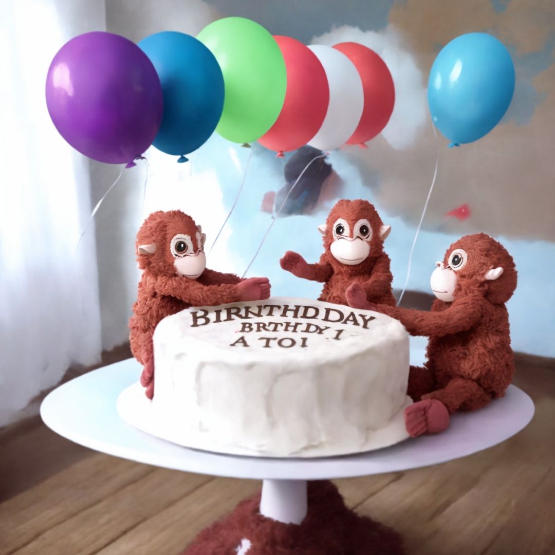 five monkeys are sitting at a smartly decorated table with a huge birthday cake with lit candles. The room is decorated wi...