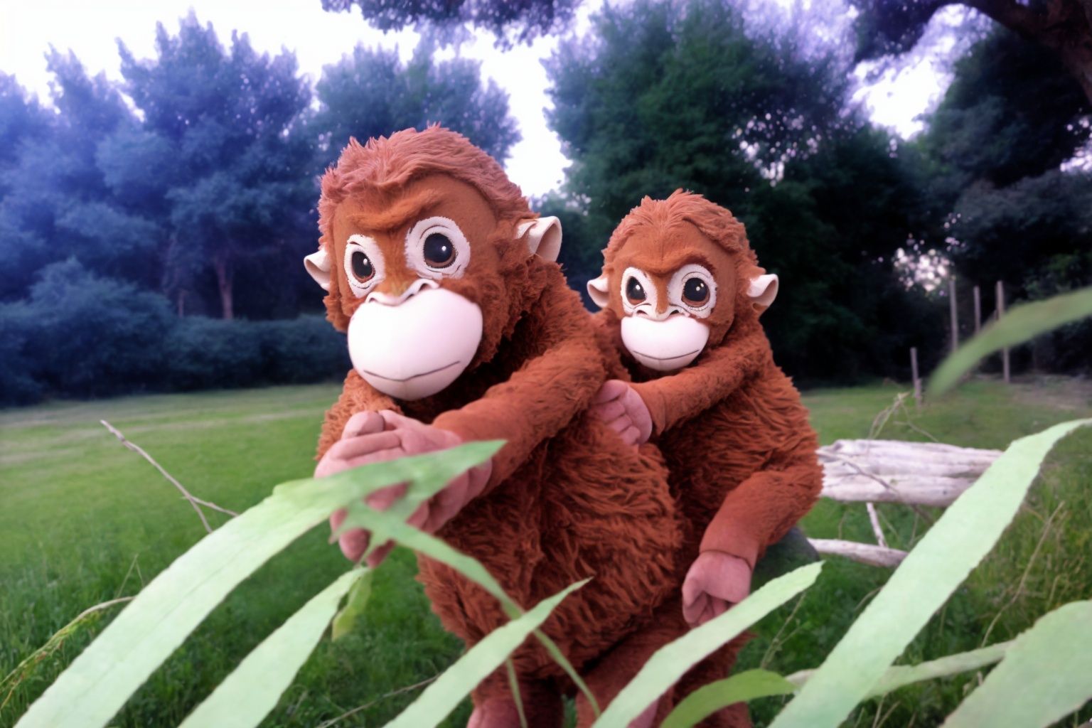 A monkey rides a horse. In a rural setting in front of tall trees and lush green grass. on Tensor.Art