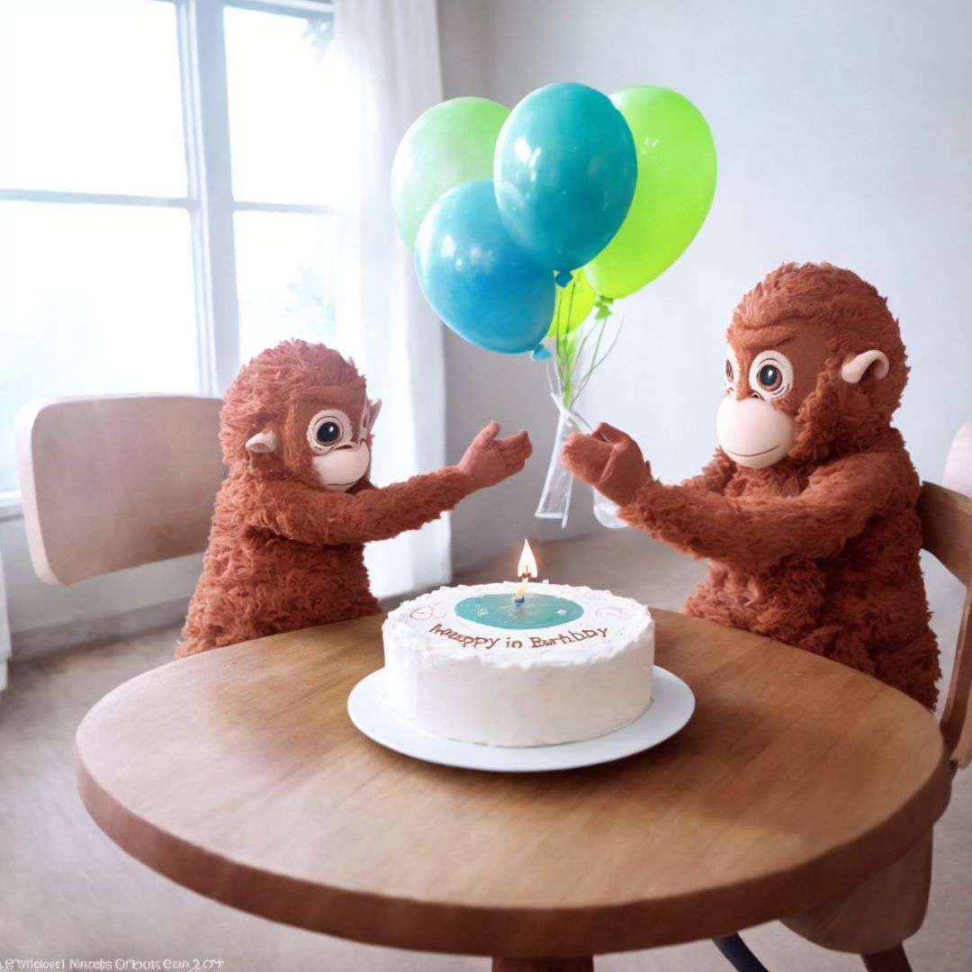 Five monkeys are sitting at a smartly decorated table with a huge birthday cake with lit candles and a bouquet of flowers....