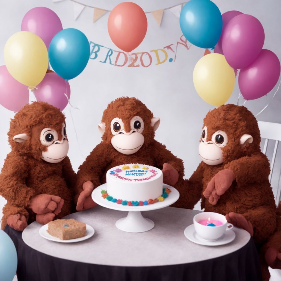 Five monkeys are sitting at a smartly decorated table with a huge birthday cake with lit candles and a bouquet of flowers....