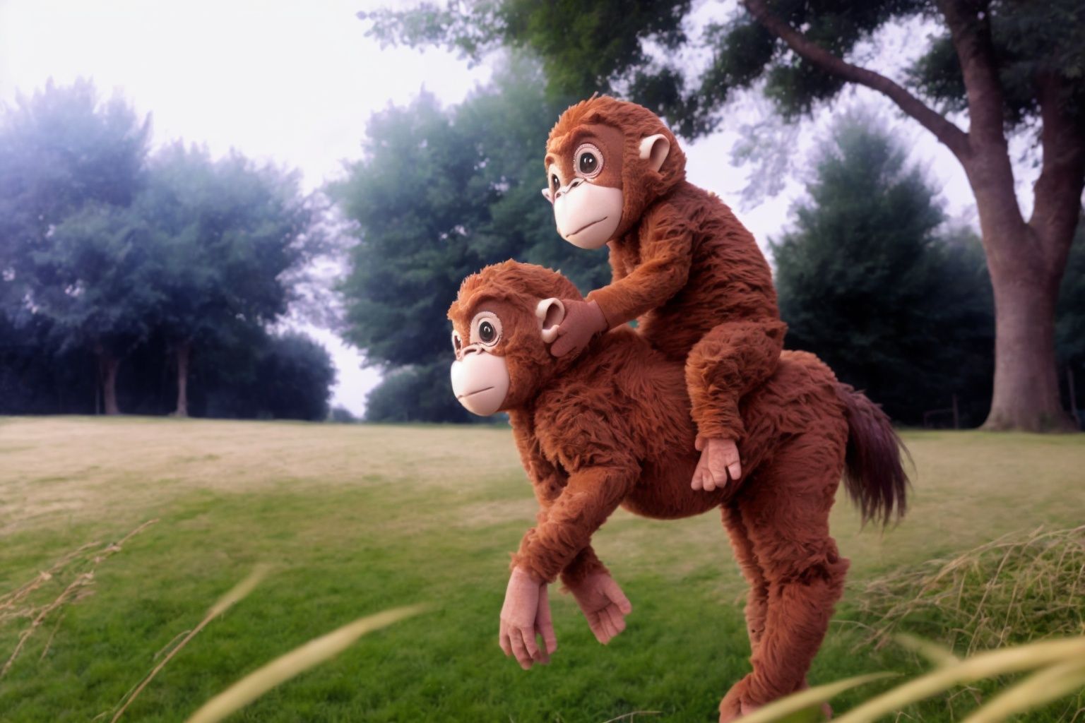A monkey rides a horse. In a rural setting in front of tall trees and lush green grass. on Tensor.Art