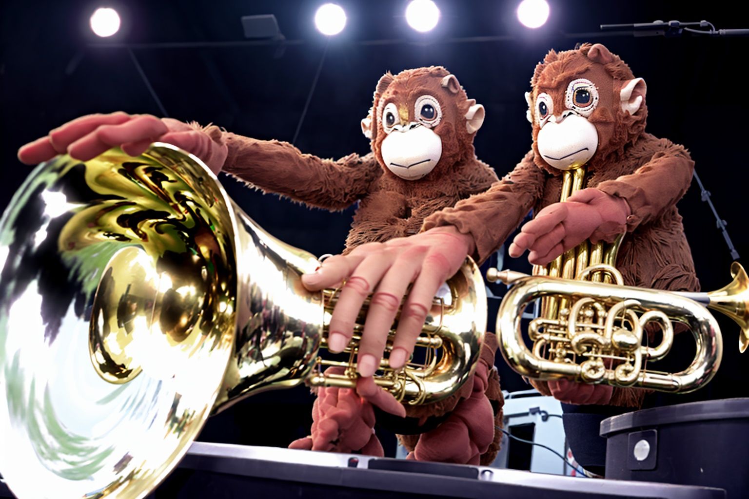 There are monkeys playing in a brass band. one plays tuba,  one trombone,  one trumpet on Tensor.Art