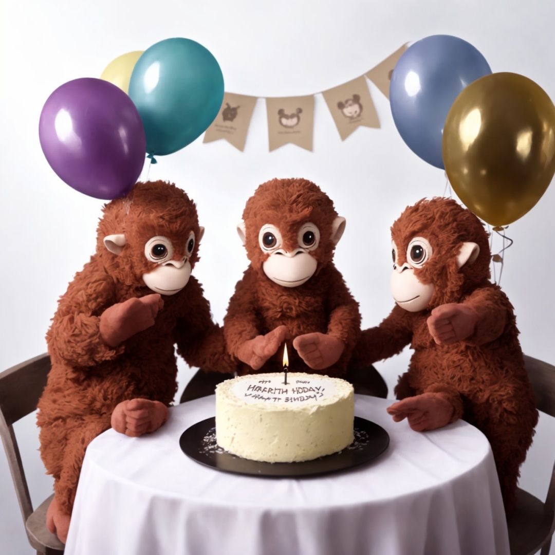 Five monkeys are sitting at a smartly decorated table with a huge birthday cake with lit candles and a bouquet of flowers....