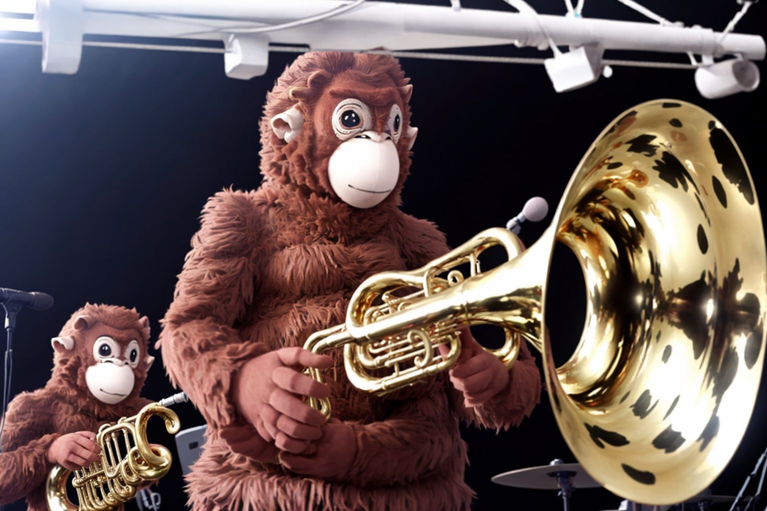 There are monkeys playing in a brass band. one plays tuba,  one trombone,  one trumpet on Tensor.Art