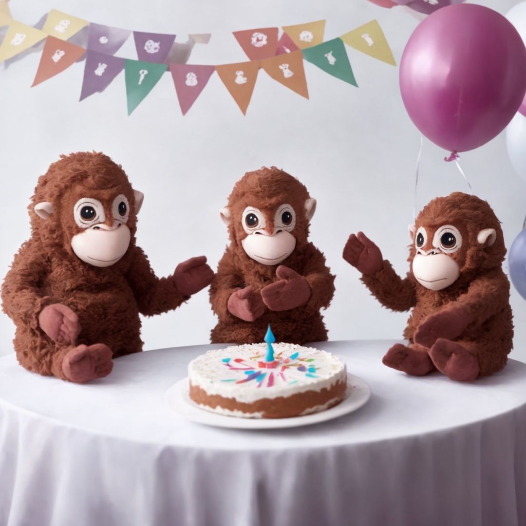 Five monkeys are sitting at a smartly decorated table with a huge birthday cake with lit candles and a bouquet of flowers....