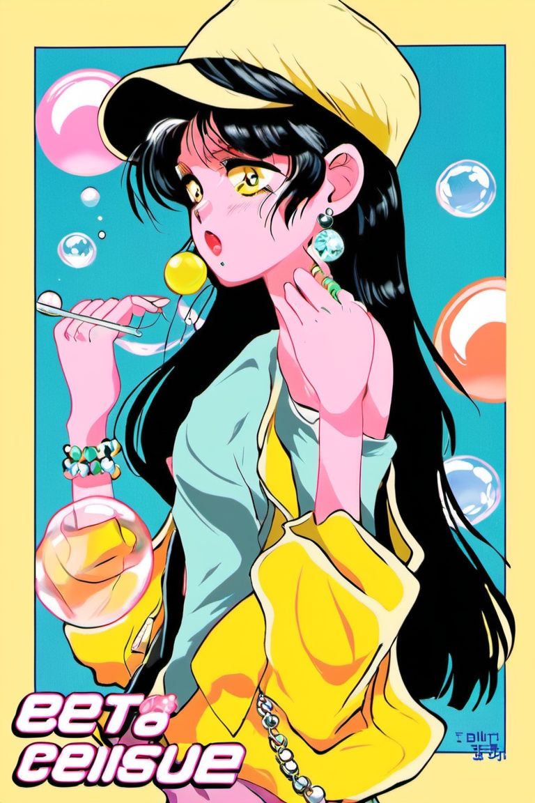 1980s \(style\), 1girl, solo, jewelry, chewing gum, earrings, long hair, upper body, shirt, bubble blowing, jacket, yellow shirt, black hair, blush, sleeveless shirt, long sleeves, off shoulder, hat, necklace, **** top, aqua eyes, sleeveless, blue jacket, bangs, blue background