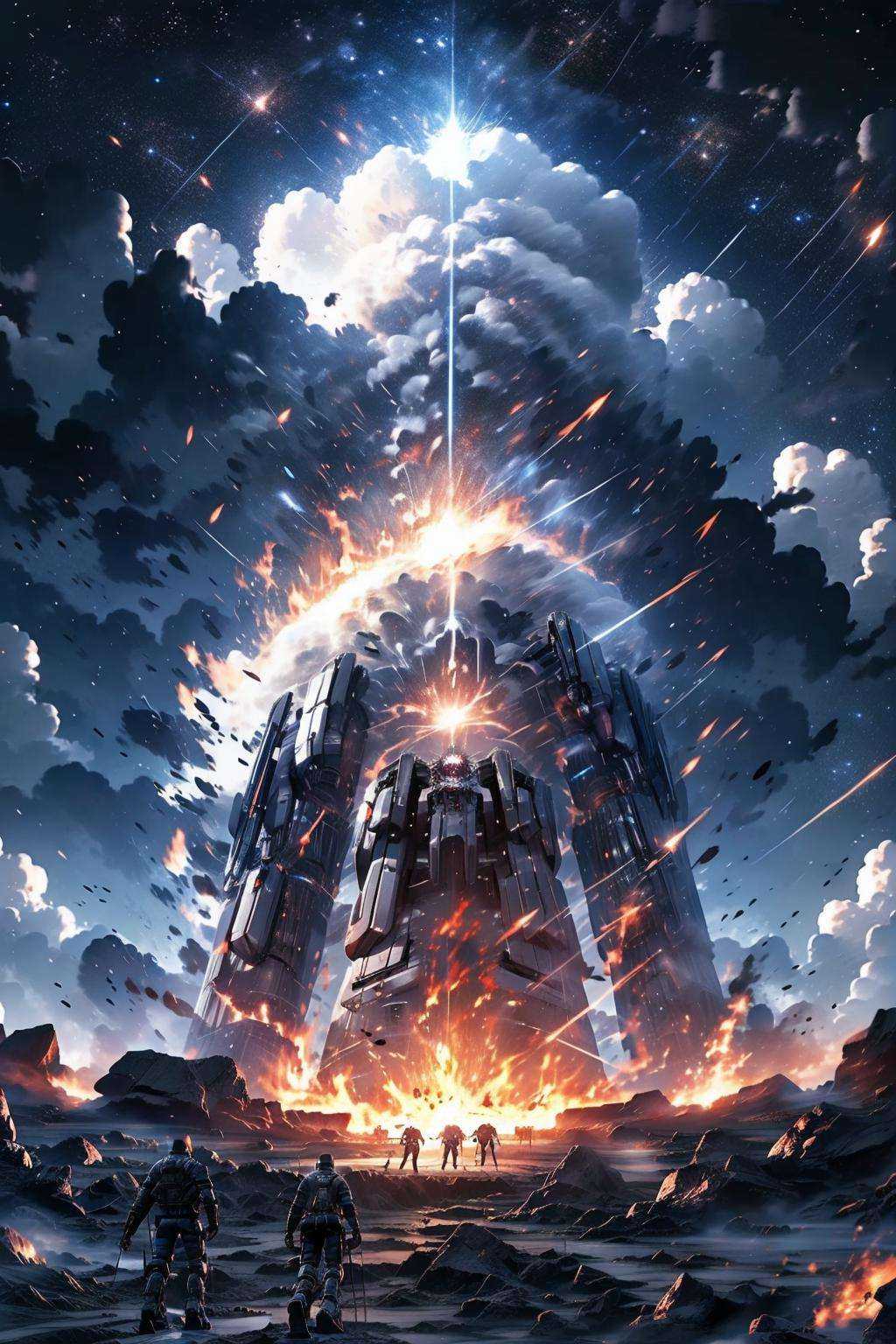 EpicSky, standing, outdoors, multiple_boys, sky, cloud, night, cloudy_sky, fire, robot, star_(sky), scenery, starry_sky, science_fiction, ruins <lora:EpicSky-000006:0.8>, (masterpiece,best quality:1.5)