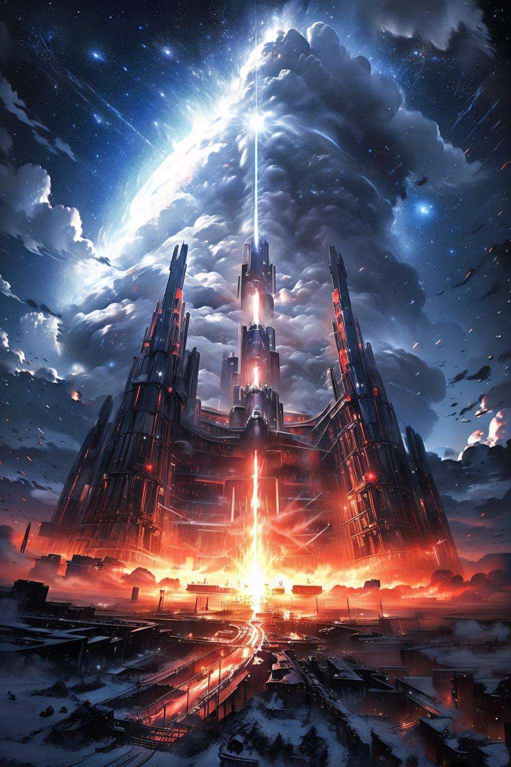 EpicSky, outdoors, sky, cloud, no_humans, night, cloudy_sky, building, star_(sky), scenery, starry_sky, science_fiction, city, spacecraft <lora:EpicSky-000006:0.8>, (masterpiece,best quality:1.5)