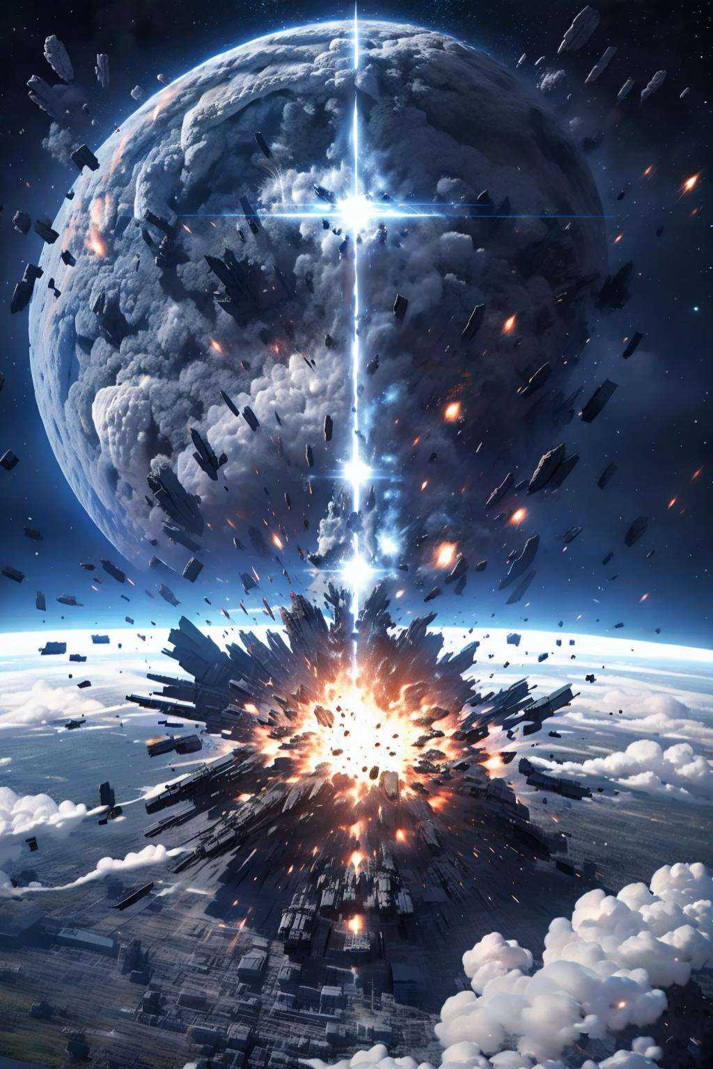 EpicSky, outdoors, sky, cloud, signature, no_humans, star_(sky), scenery, science_fiction, space, explosion, planet, earth_(planet), debris, destruction <lora:EpicSky-000006:0.8>, (masterpiece,best quality:1.5)