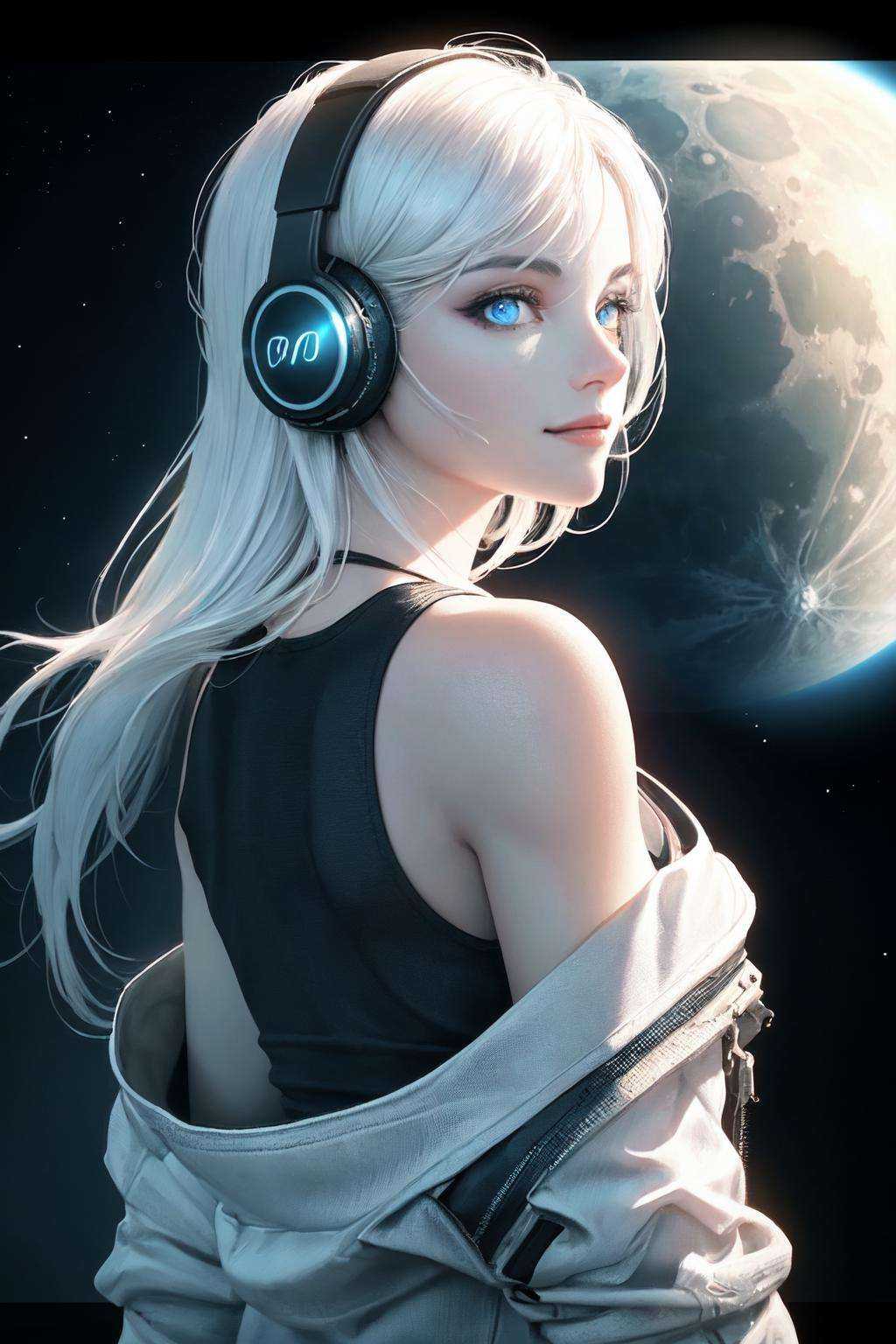 (on the moon, space, looking back into earth), white hair, black **** top, volumetric lighting, white jacket, glowing headphone, cyberpunk, futuristic, multi-color eyes, detailed eyes, hyper detailed,light smile,highly detailed, beautiful, small details, ultra detailed, best quality, intricate, hyperrealism, sharp, digital illustration, detailed, realism, intricate, 4k, 8k, trending on artstation, good anatomy, beautiful lighting, award-winning, photorealistic, realistic shadows, realistic lighting, beautiful lighting, raytracing, intricate details, moody, rule of thirds, masterpiece, (illustration:1.1), highres, (extremely detailed CG, unity, 8k wallpaper:1.1), beautiful face, highly detailed face,  ultra realistic, masterpiece, bokeh, extremely detailed, intricate, zoomout,colorful, vibrant colors, red nail polish, side view,