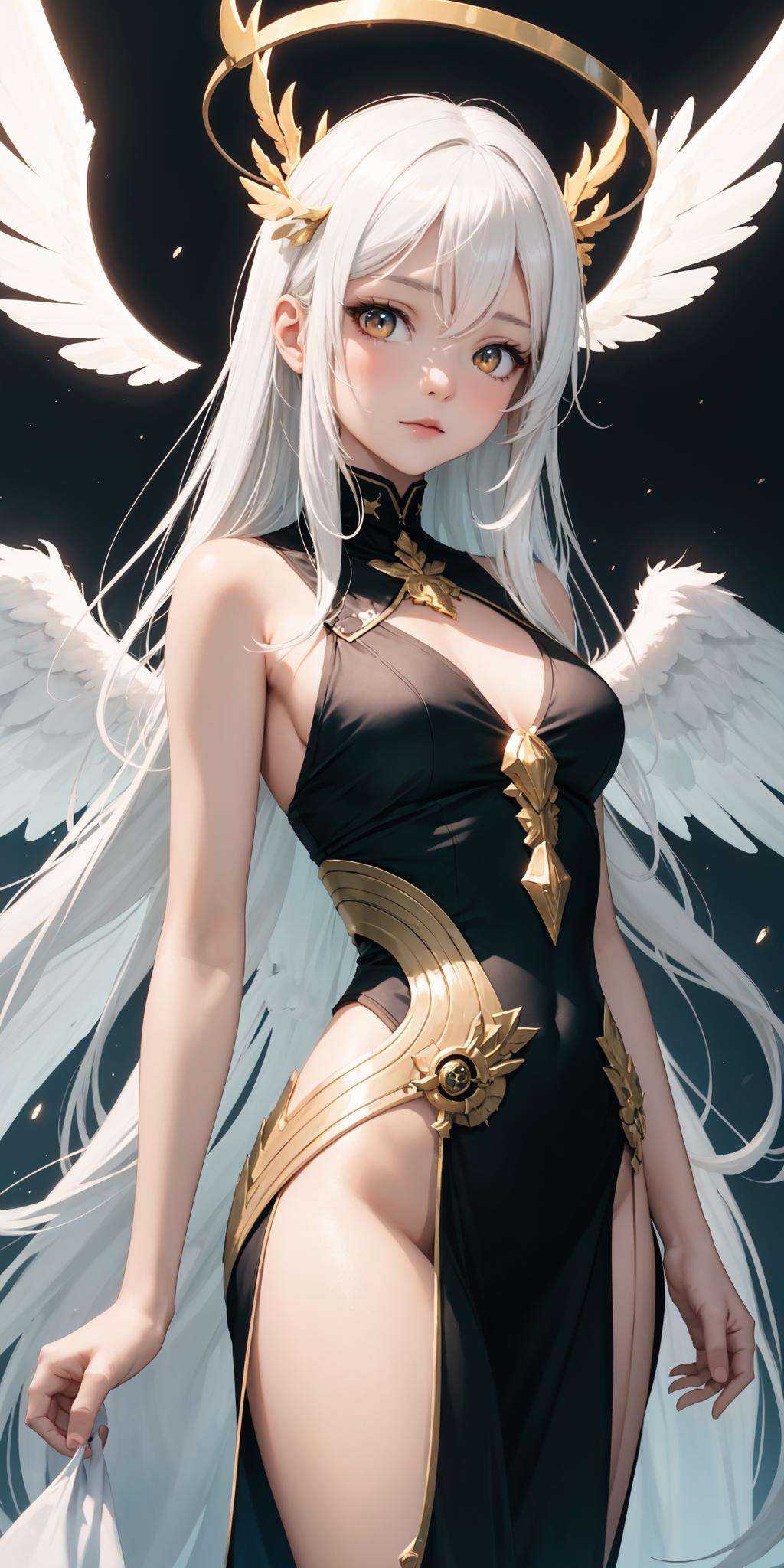 , illustration,heaven background, 1girl, white hair, golden eyes, long hair, halo, angel wings, serene expression, looking at viewer
