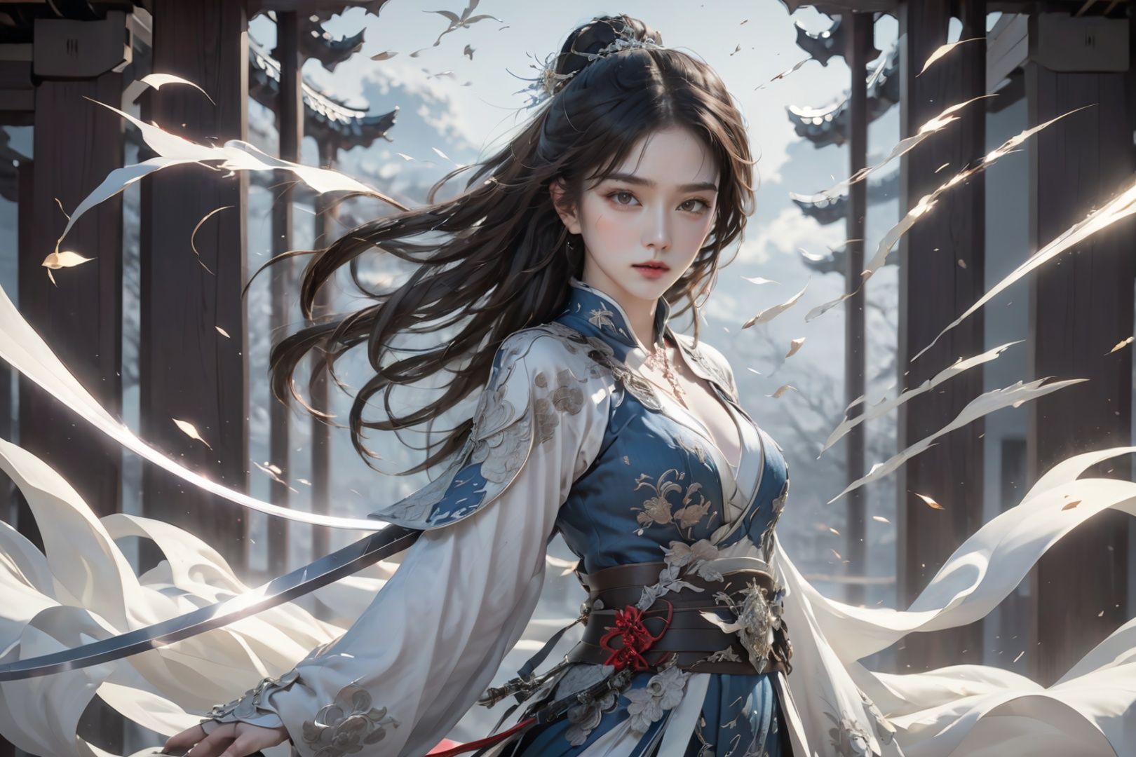 jianjue,wanjianguizong,16k,masterpiece,textured skin,multiple swords,embellished costume,Award winning photos, extremely detailed, stunning, intricate details, absurd, highly detailed woman, extremely detailed eyes and face, dazzling red eyes, detailed clothing,ultra long sleeves, <lora:EMS-25400-EMS:0.7>, <lora:EMS-15791-EMS:0.2>, <lora:EMS-21302-EMS:0.2>