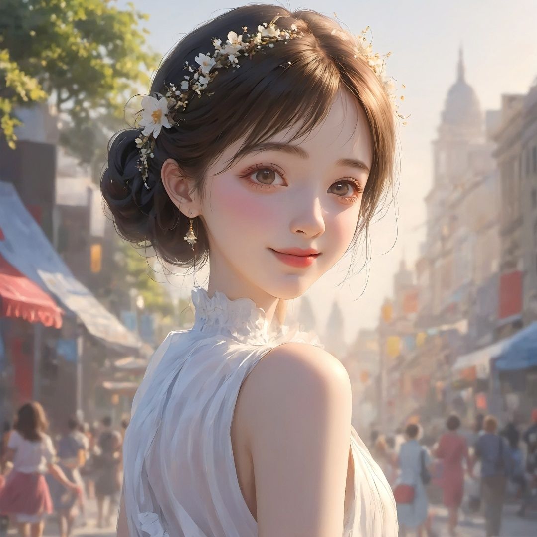 Ultra-realistic 8k CG, masterpiece, HDR, absurdres, Professional, RAW photo, studio light, a woman in a white dress  and looking at the camera with a smile on her face, 1girl, black_hair, depth_of_field, hand_fan, lips, looking_at_viewer, motion_blur, short_hair, solo, Highly detailed, Professional, extreme detail description;, (photorealistic:1.4), lens flare, (film grain:1.1), Bokeh, ((Depth of field)), bokeh, best quality