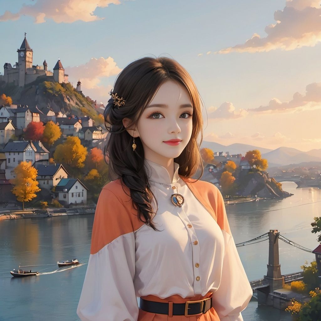 Colorful, all over，castle, cloud, cloudy_sky, sky, building, cityscape, mountain, city, watercraft, skyscraper, 1girl, town, ship, tower, outdoors, sunrise, cliff, mountainous_horizon, blue_sky, jewelry, earrings, ocean, lighthouse, bow, skyline, scenery, sunset, twilight, blue_eyes, orange_sky, aircraft, landscape, house, river, warship, horizon, clock_tower, boat, lake, solo, bridge, power_lines, smile, gradient_sky, evening, hair_bow, scarlet_devil_mansion, day, tree, windmill, buttons, looking_at_viewer, airplane, lamppost, long_hair, floating_island, sun, dusk,<lora:神明少女1.0:0.8>
