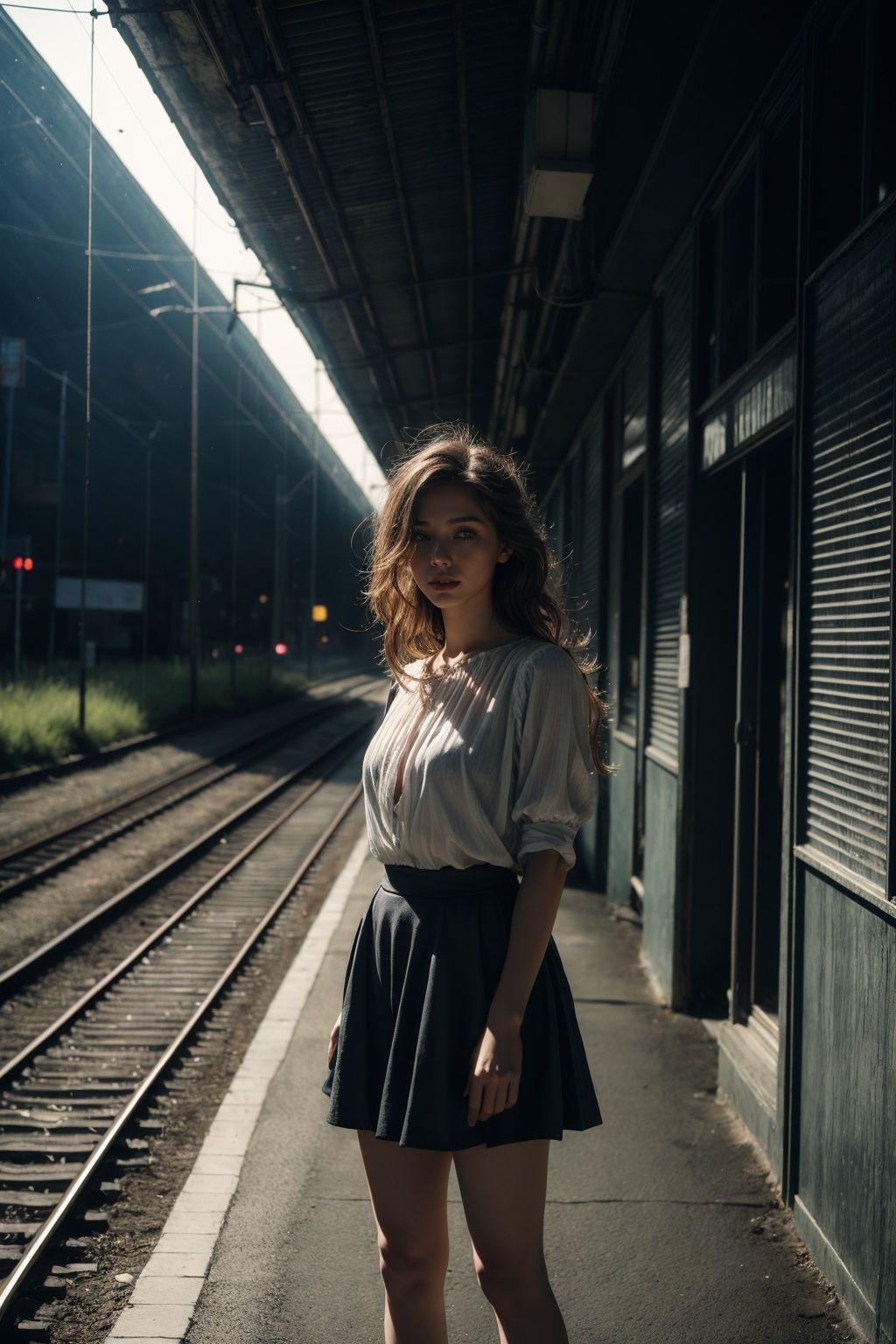 a girl standing alone in front of an old,  shabby,  unlit transit station in a deserted countryside on a dark night on Ten...