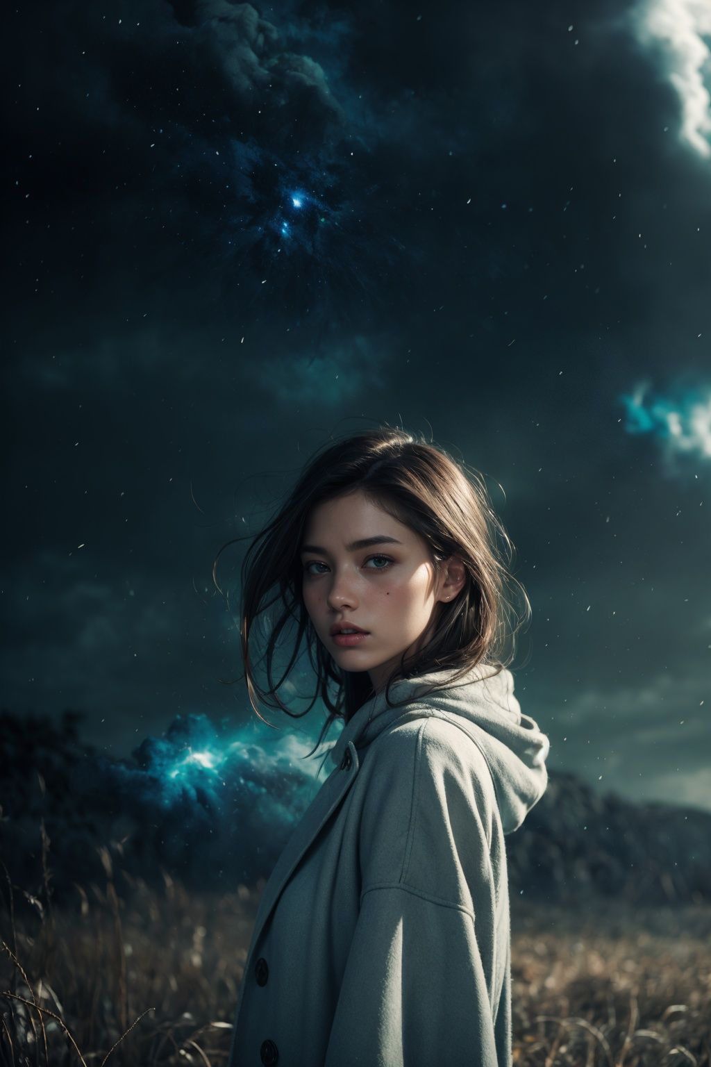 of a beatutiful woman wearing a long coat on a open field,  embers of memories,  colorful on Tensor.Art