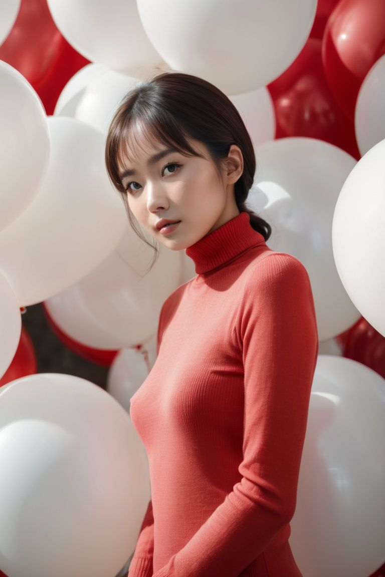 breathtaking a cinematic fashion portrait photo of beautiful young chinese woman from the 60s wearing a red turtleneck sta...