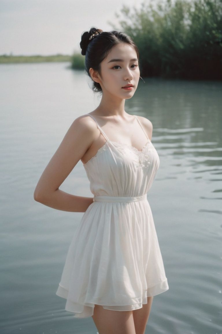 analog film photo A black-haired girl,  wearing a white dress,  with a single hair bun adorned with a hairpin on Tensor.Art