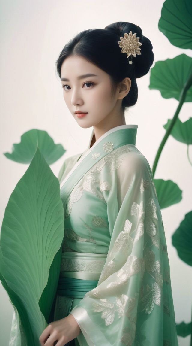 analog film photo Ancient Chinese Beauty,  wearing Hanfu,  standing by one enormous lotus leave with intricate patterns on...