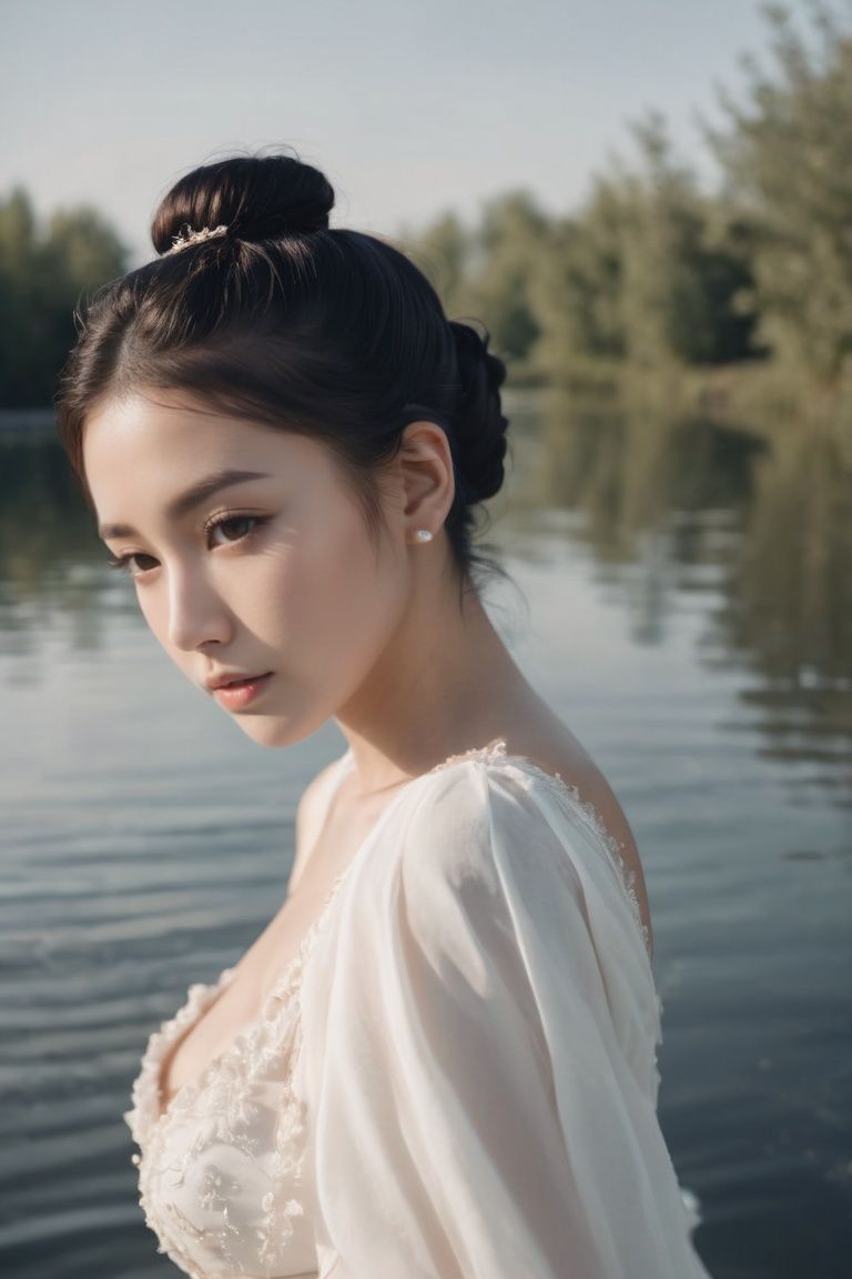 analog film photo A black-haired girl,  wearing a white dress,  with a single hair bun adorned with a hairpin on Tensor.Art