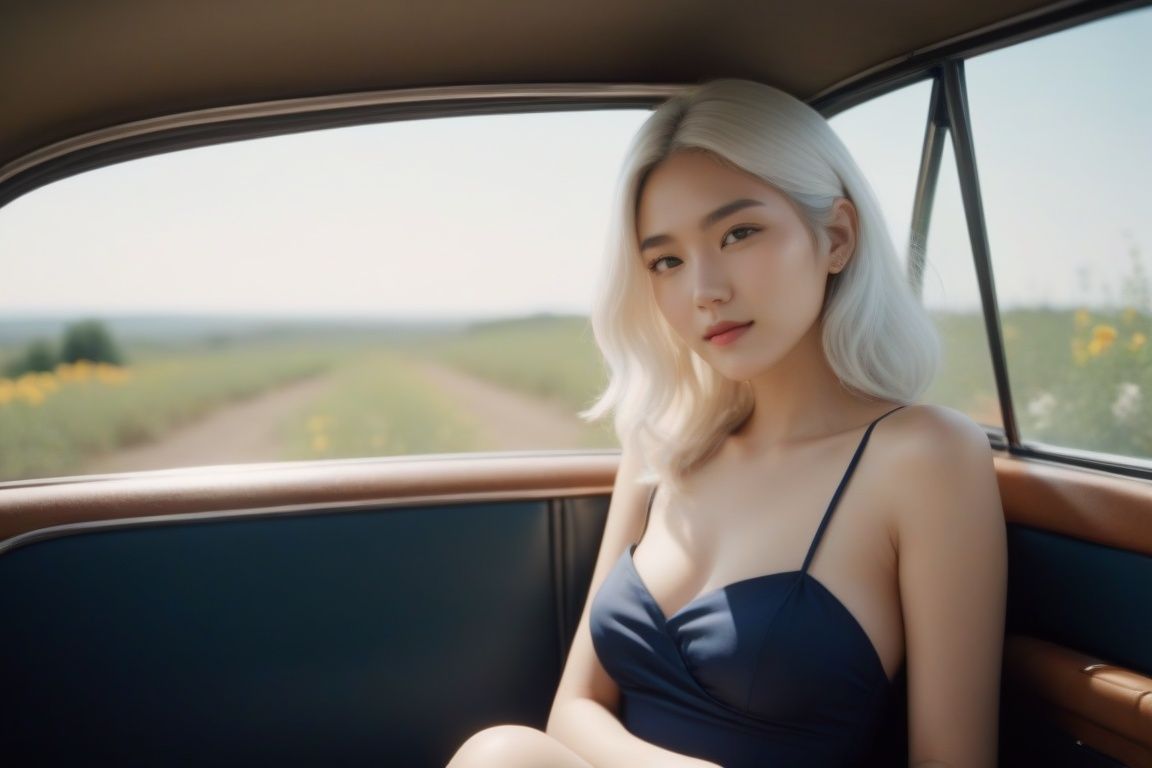 analog film photo cinematic film still,  chinese girl,  Navy blue halter neck midi dress with side slit on Tensor.Art