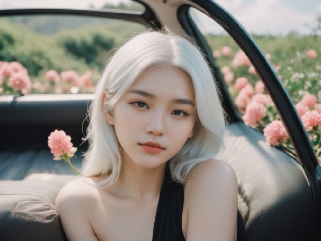 cinematic film still cinematic film still,  chinese girl,  a girl with white hair sitting in car filled with flowers on Te...